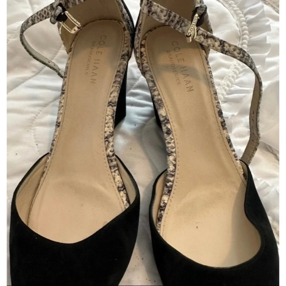 Cole Haan Grandseries Black Suede Snakeskin Ankle Strap Wedge Pumps 6.5